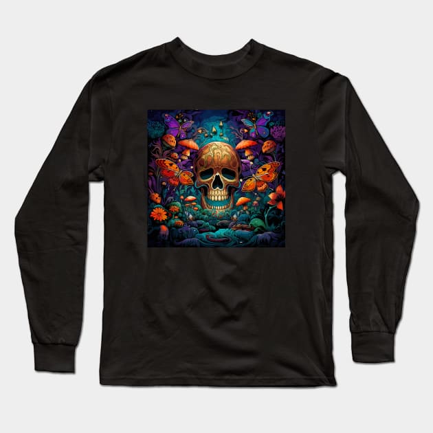 Psychedelic Butterfly Skull scape Long Sleeve T-Shirt by MushMagicWear